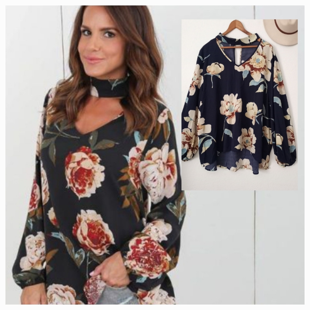 SHEIN PLUS Navy Floral Print Choker neck Vneck Puffer long sleeves Top Sz 3XL
